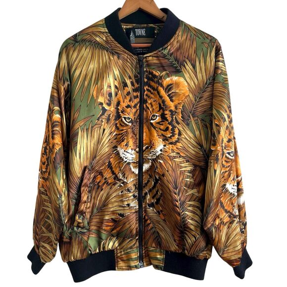 Vtg London Fog Tiger Print Bomber Jacket M Y2K Grunge Safari Streetwear Retro - Picture 1 of 11